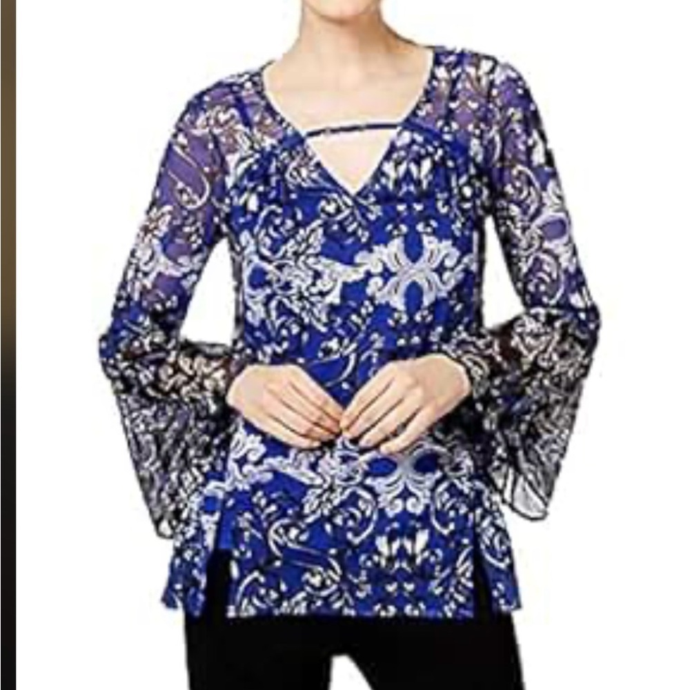 INC International Concepts Blue and White Patterned Blouse - Picture 1 of 12